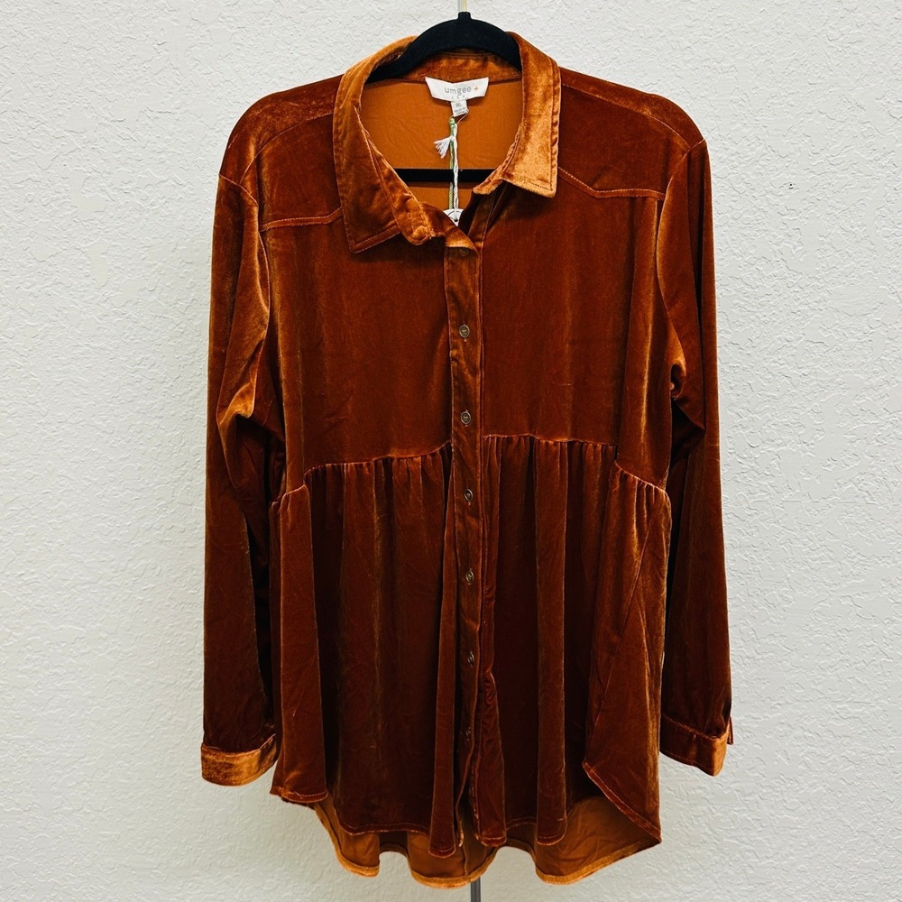 NWT Umgee USA Women Burnt Orange Velvet Tunic Button Down Peplum Top 1XL NEW